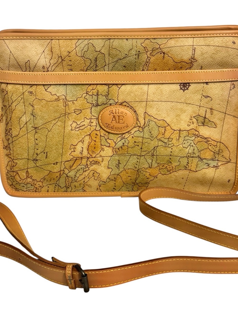 NWOT VTG Allan Edward Tan Map-Print Leather Detachable Crossbody Bag